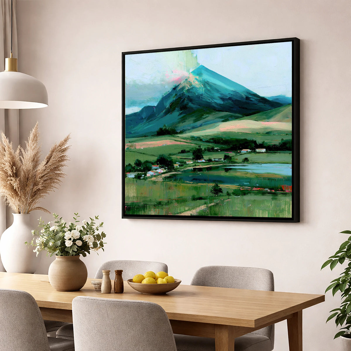 Teal Mountain Above Lakeside Hamlet lake district fell wall art displayed in a dining room