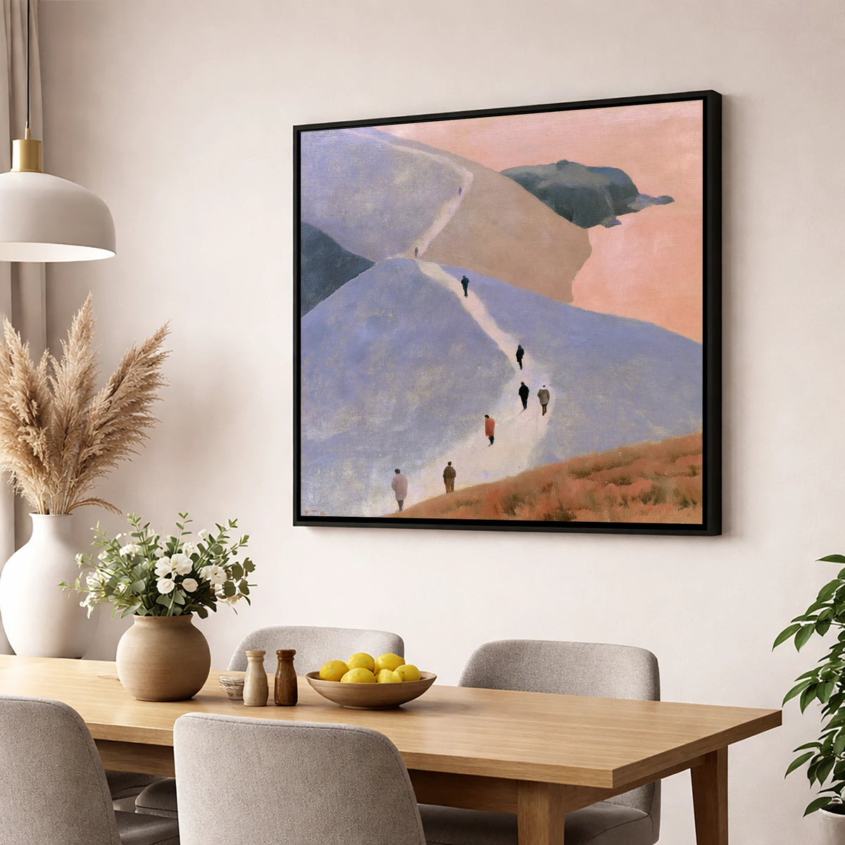 Walkers Ascending the Lavender Fells lake district walking wall art displayed in a dining room
