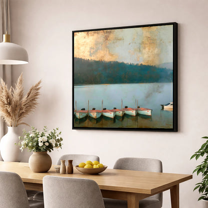 Windermere Boats Under Gold Skies lake district lake wall art displayed in a dining room