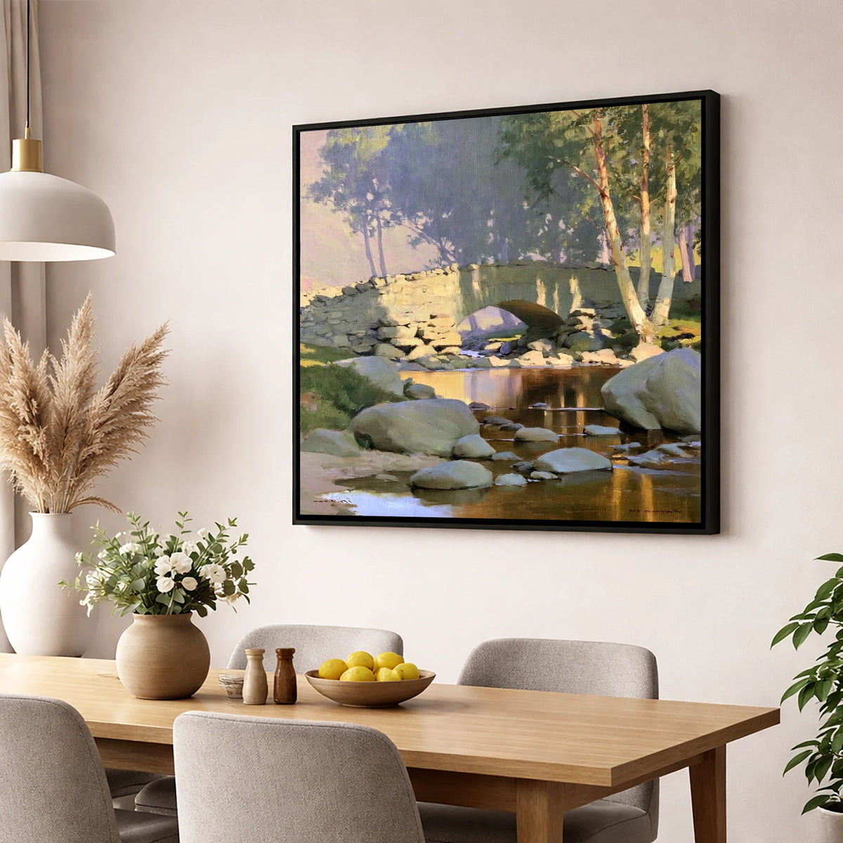 Sunlit Arched Bridge Over Beck lake district waterfall wall art displayed in a dining room
