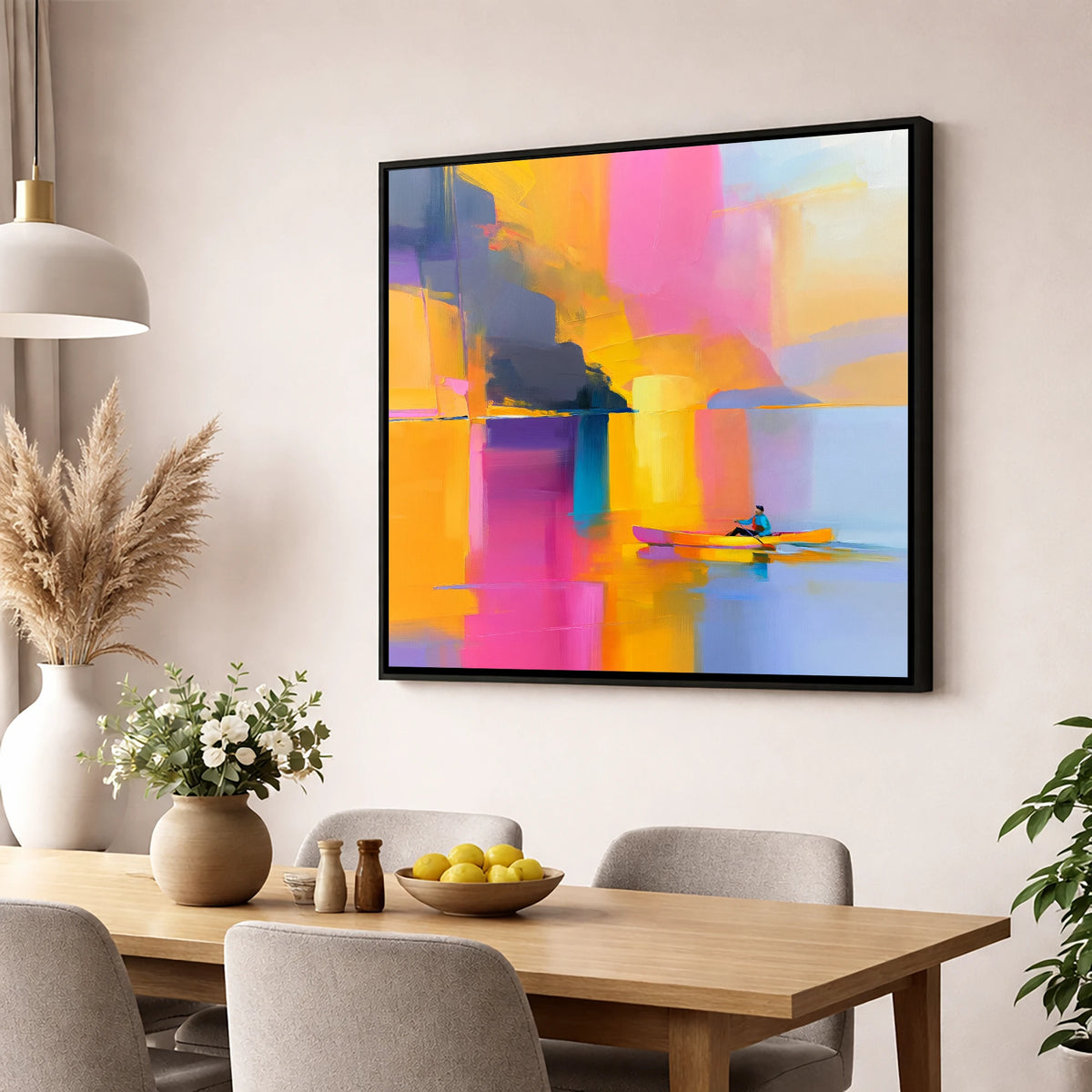 Colourful Kayaking on the Lake lake district walking wall art displayed in a dining room