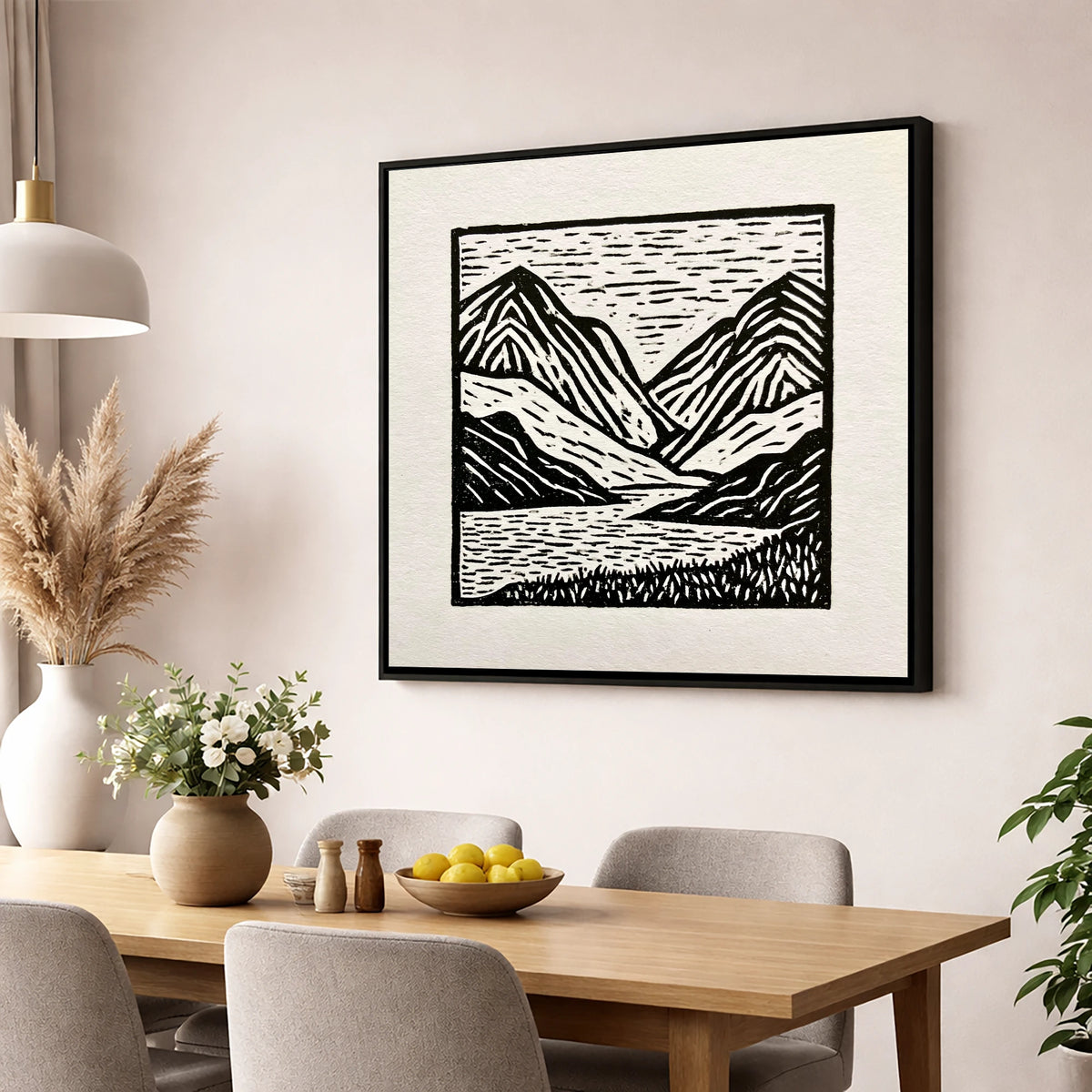 Lake and Fells in Monochrome lake district lake wall art displayed in a dining room