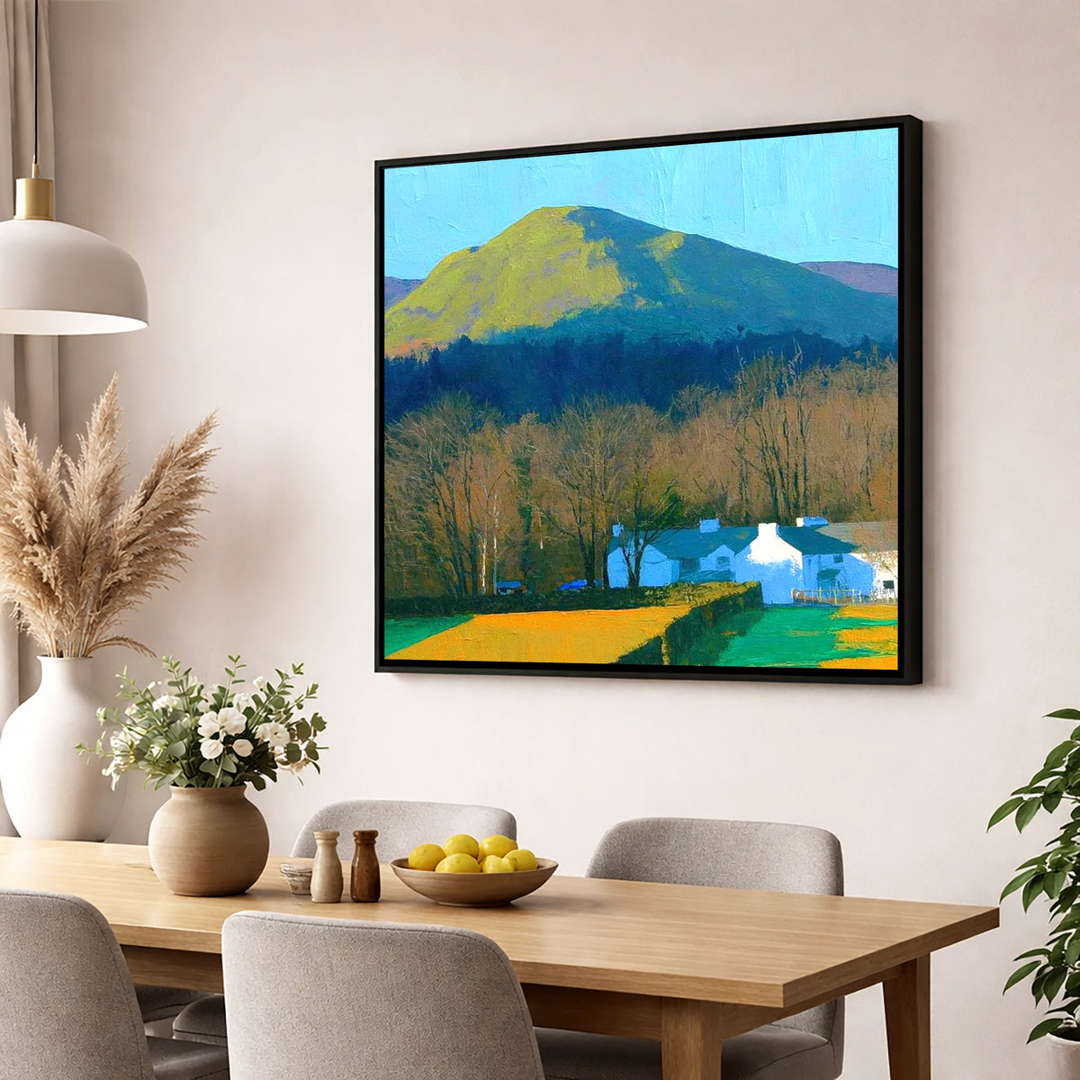 Luminous Latrigg Above White Buildings lake district fell wall art displayed in a dining room