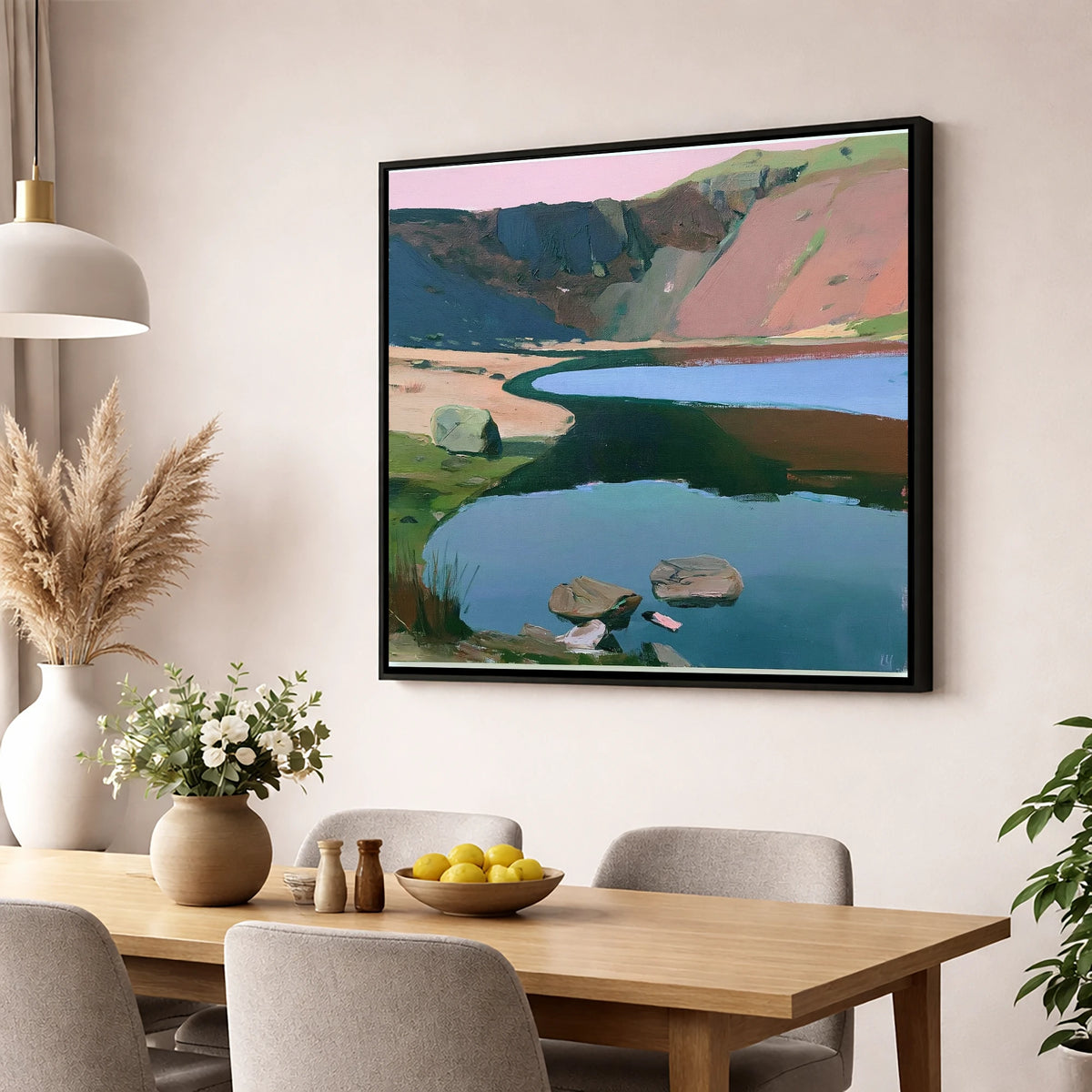 Blush Sky Over Easedale Tarn lake district lake wall art displayed in a dining room