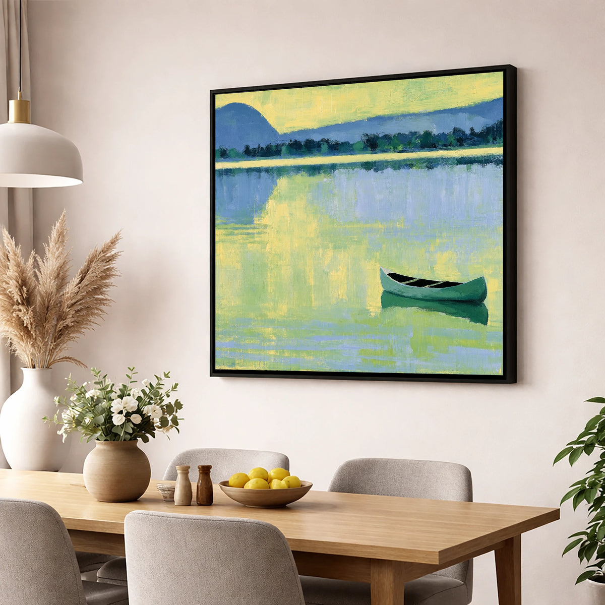 Windermere Canoe in Yellow Light lake district lake wall art displayed in a dining room