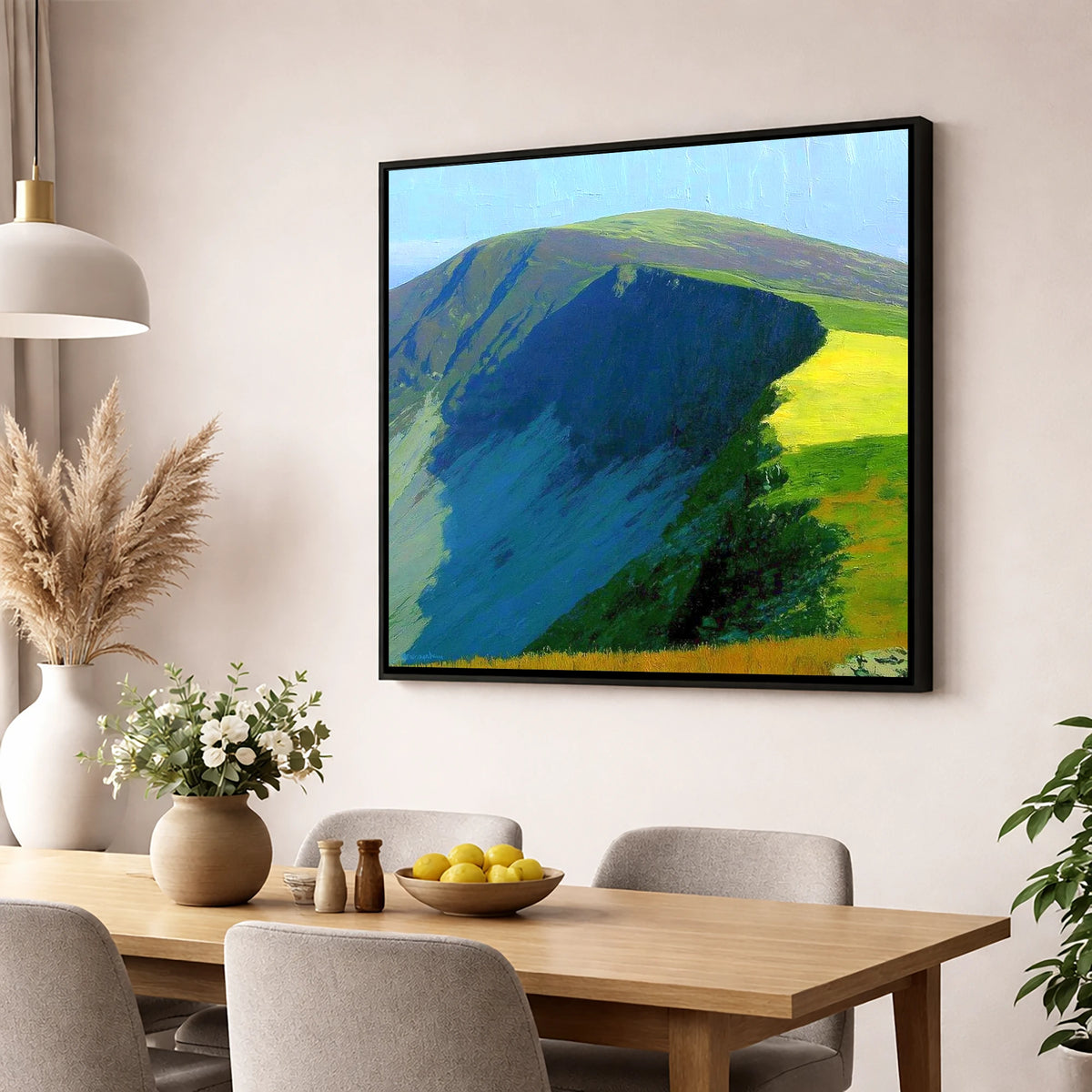 Vibrant Shadows on Bakestall Fell lake district fell wall art displayed in a dining room