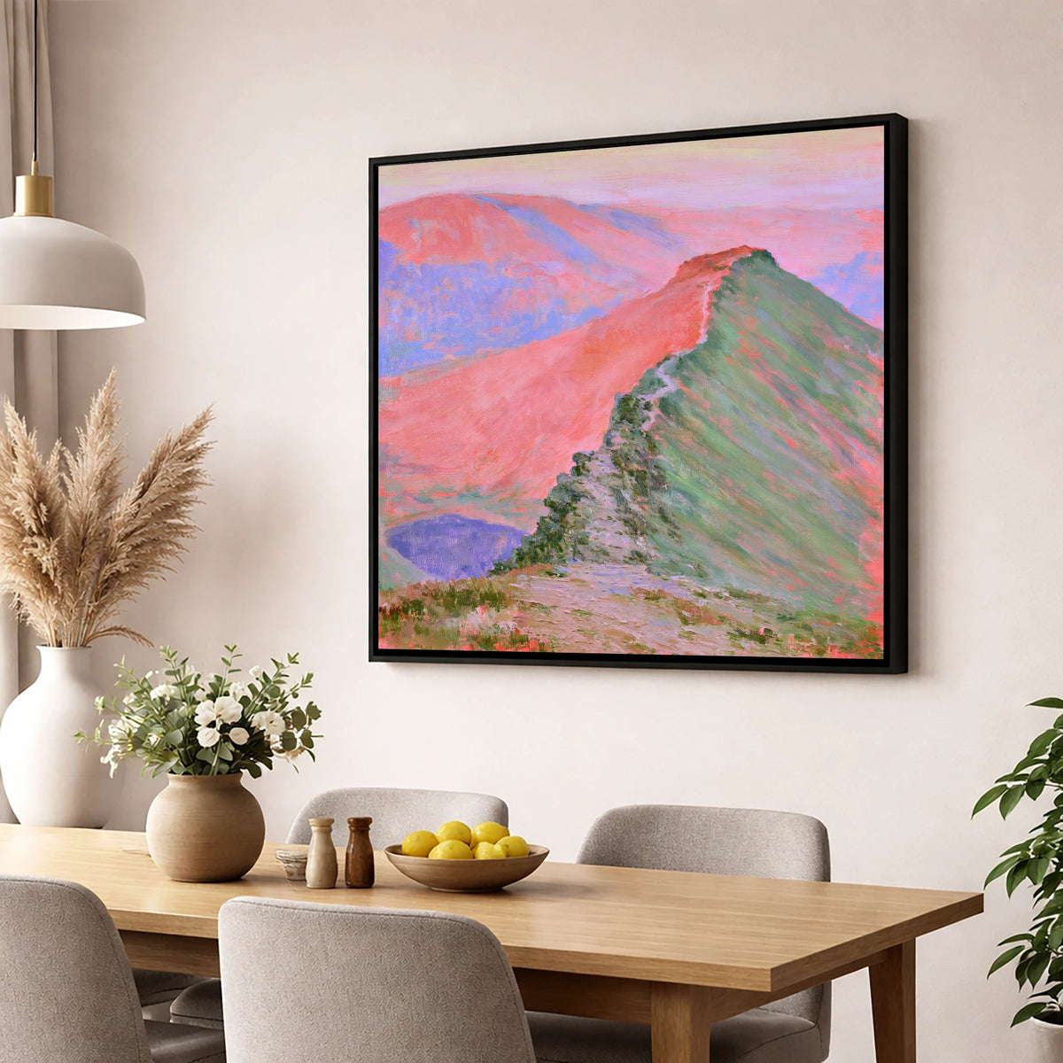 Striding Edge in Sunset Pink lake district walking wall art displayed in a dining room