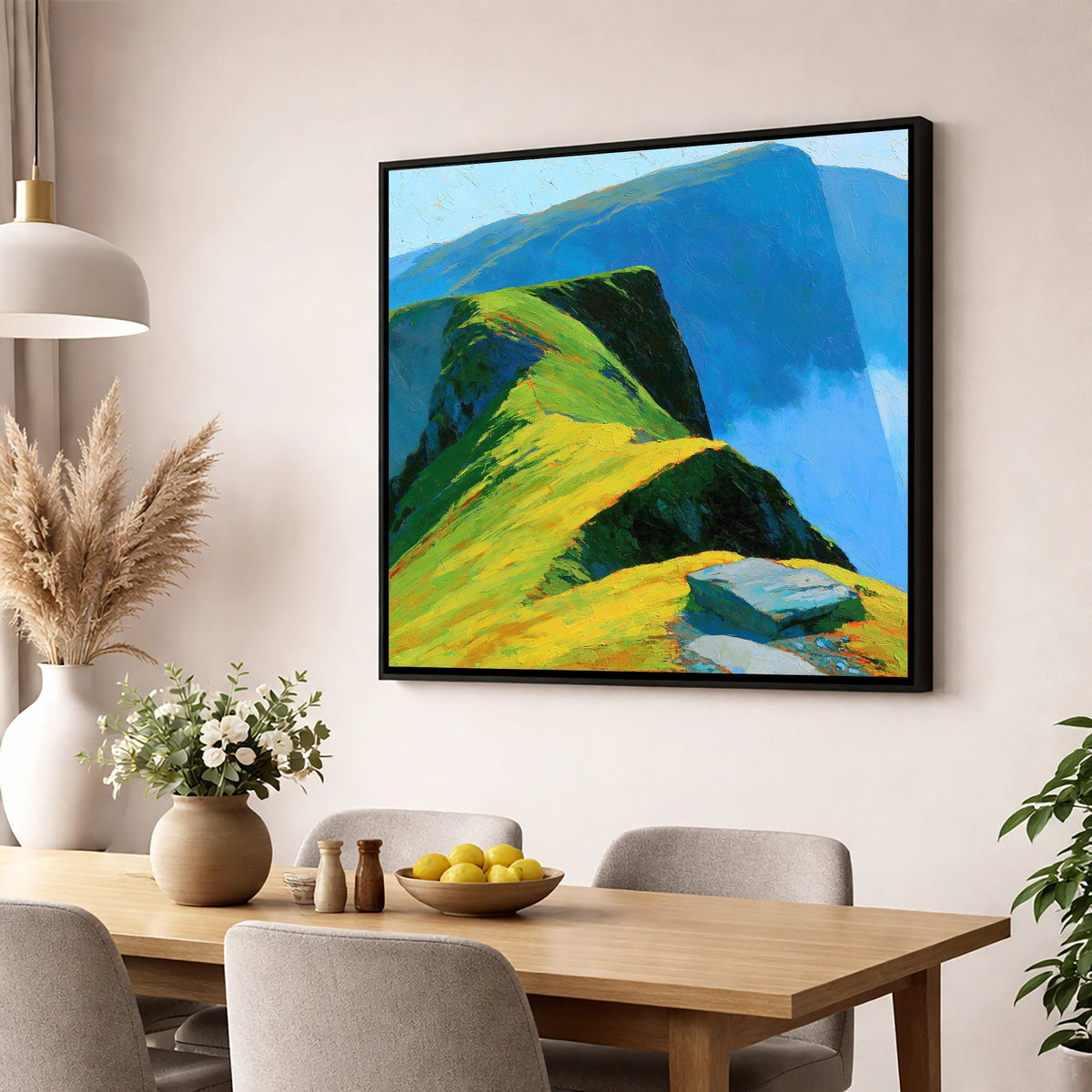 Sunlit Ridge and Deep Blue Crags lake district fell wall art displayed in a dining room