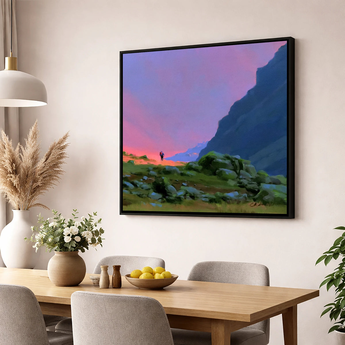 Fell Walker Beneath Vivid Skies lake district walking wall art displayed in a dining room