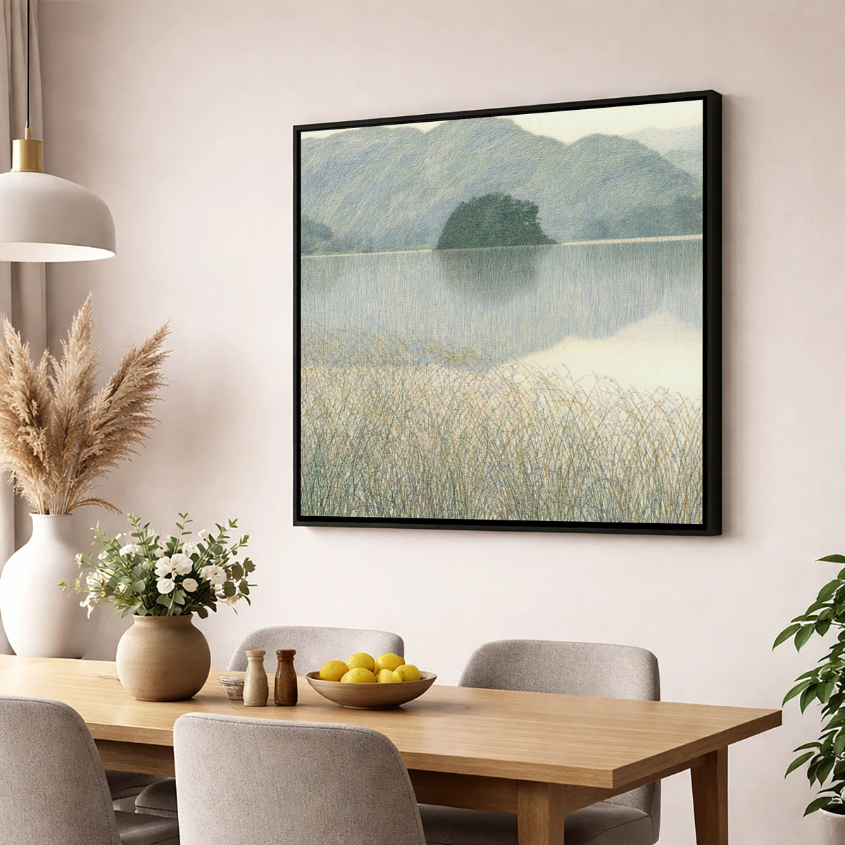 Grasmere Island Through Tall Grasses lake district lake wall art displayed in a dining room