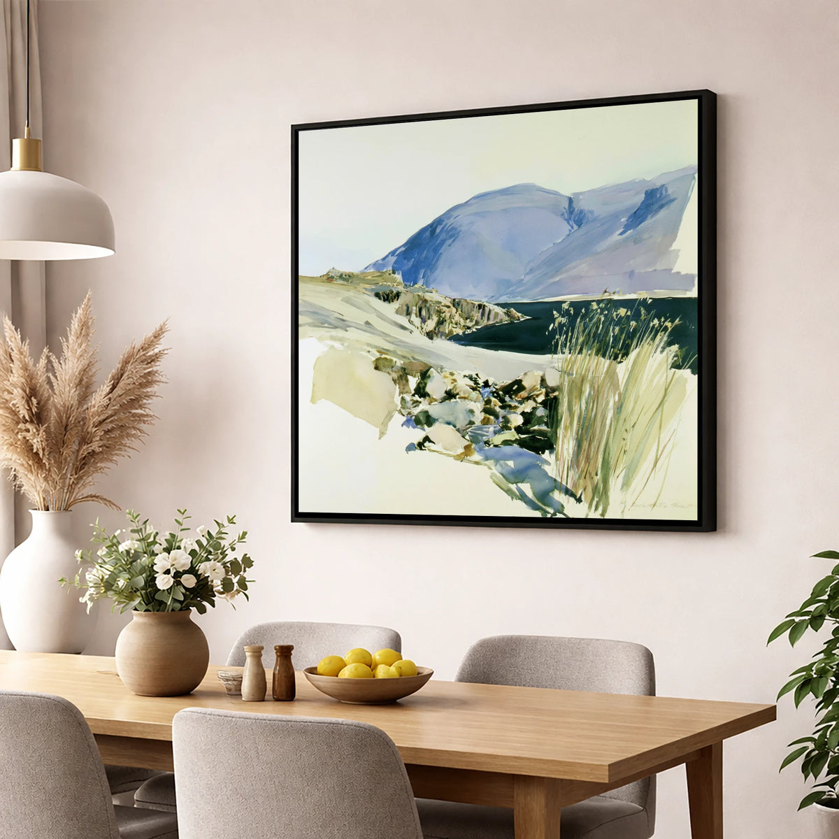 Styhead Tarn and Blue Fells lake district fell wall art displayed in a dining room