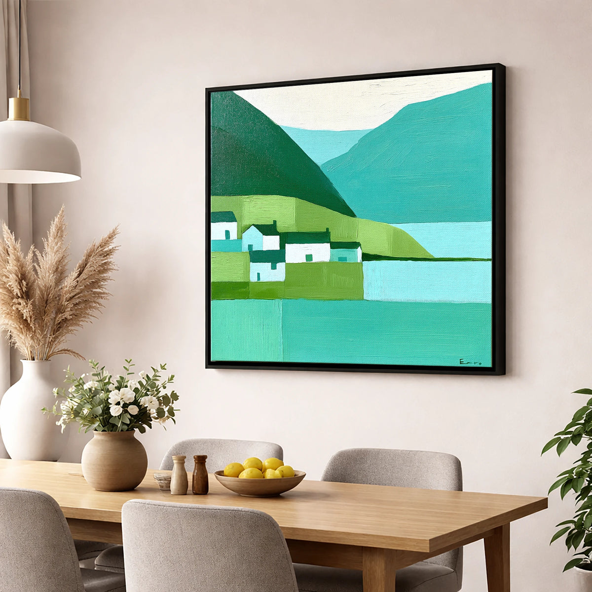 Modern Teal Lakeside Village lake district village wall art displayed in a dining room