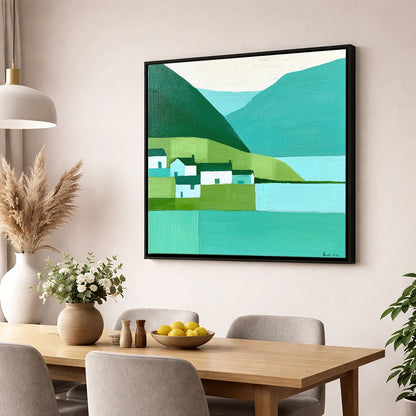 Modern Teal Lakeside Village lake district village wall art displayed in a dining room
