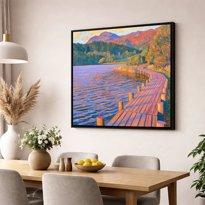 Curving Boardwalk at Tarn Hows lake district lake wall art displayed in a dining room
