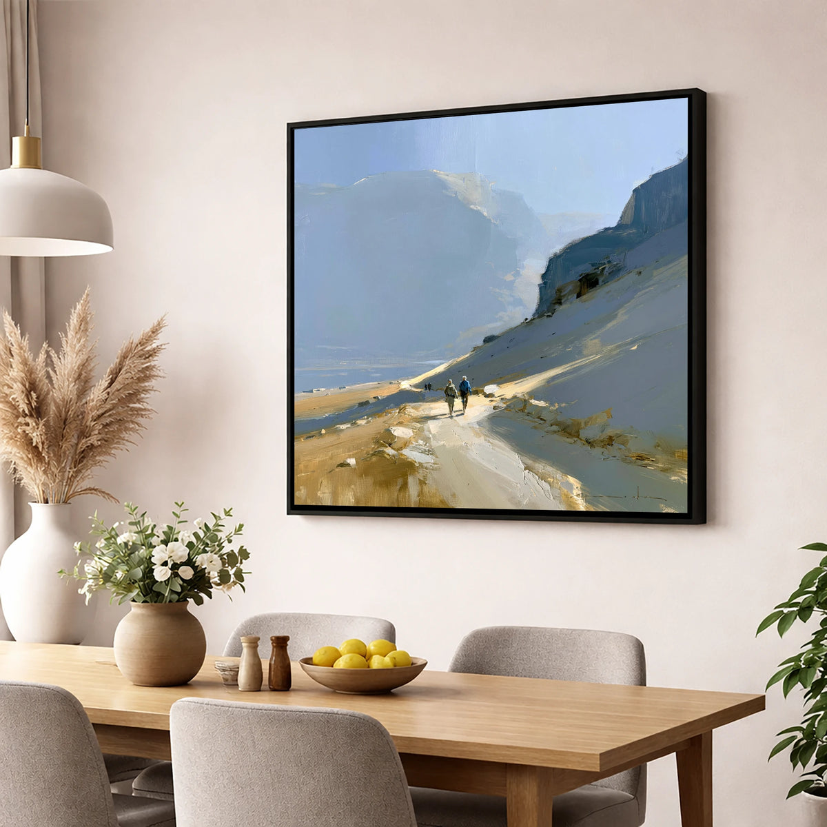 Walkers on a Golden Mountain Path lake district walking wall art displayed in a dining room