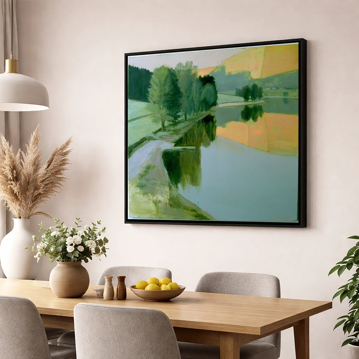 Still Lake in Apricot Dawn lake district lake wall art displayed in a dining room