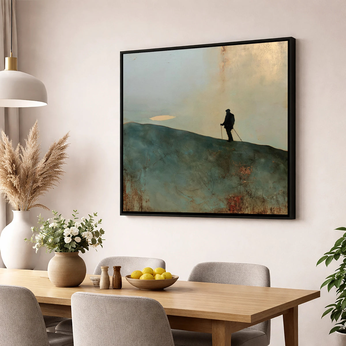 Walker Silhouette on Skiddaw Ridge lake district fell wall art displayed in a dining room