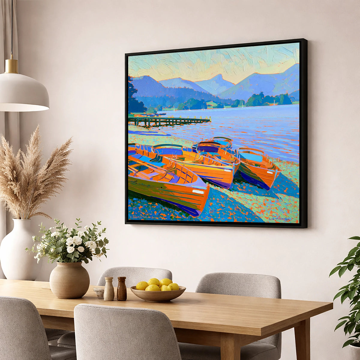 Vibrant Rowing Boats on Windermere lake district lake wall art displayed in a dining room