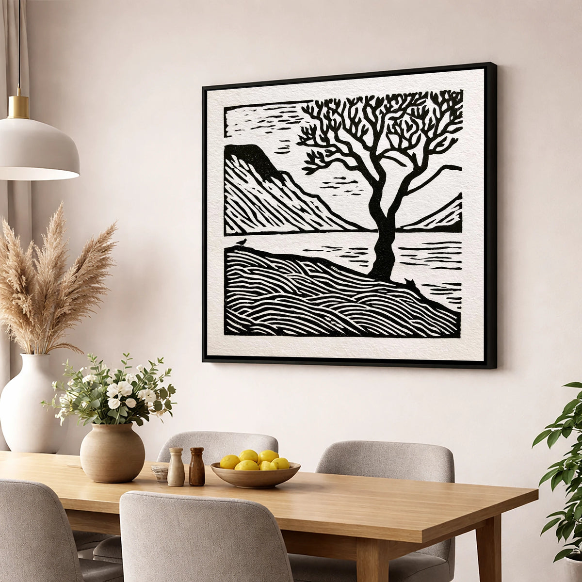 Monochrome Wasdale Fells and Tree lake district valley wall art displayed in a dining room