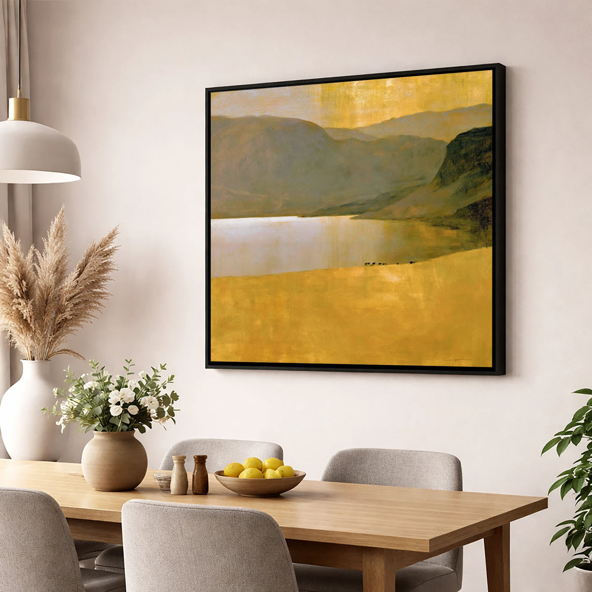 Golden Lake Beneath Dark Fells lake district lake wall art displayed in a dining room