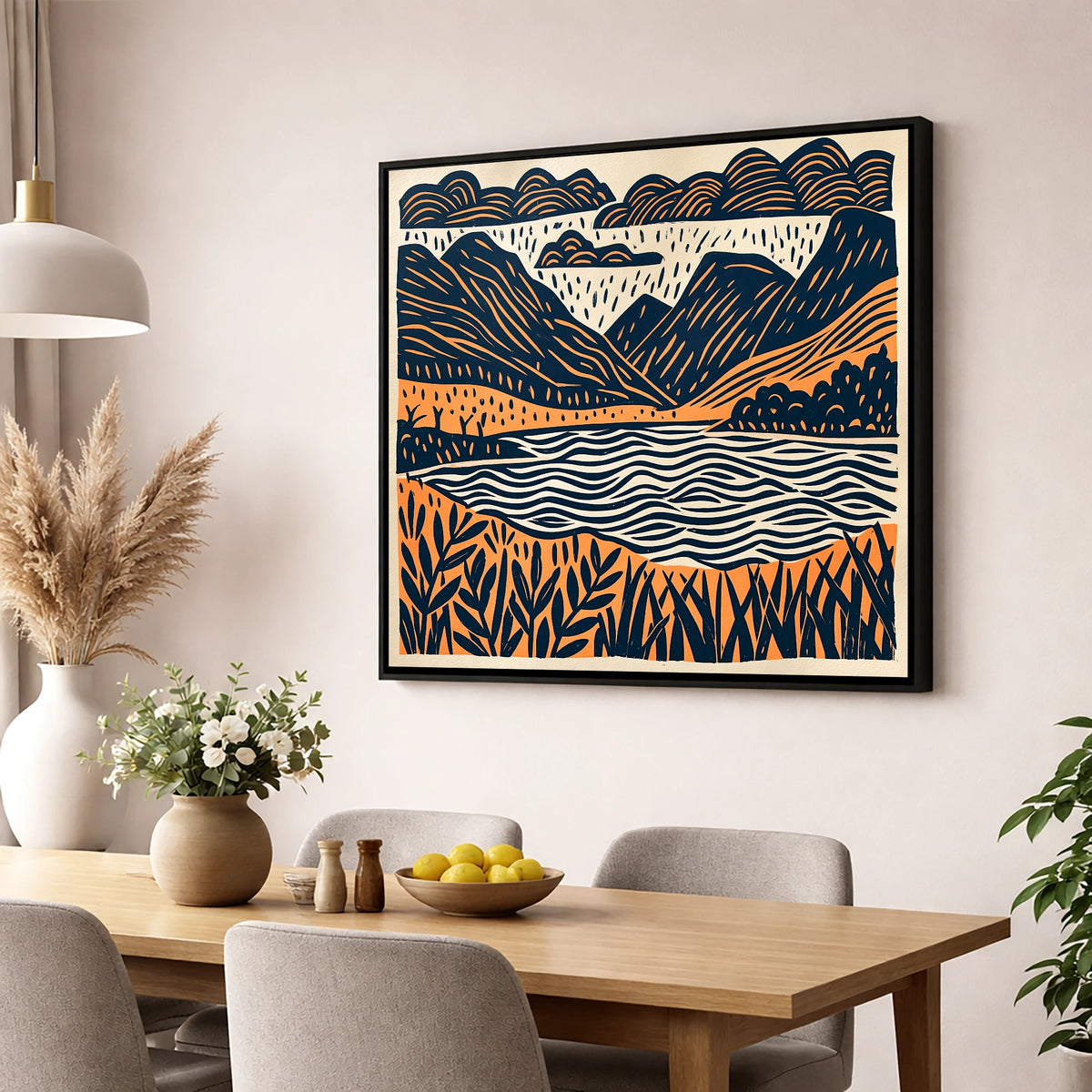 Dawn Lake In Navy And Terracotta lake district lake wall art displayed in a dining room