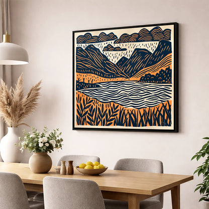 Dawn Lake In Navy And Terracotta lake district lake wall art displayed in a dining room