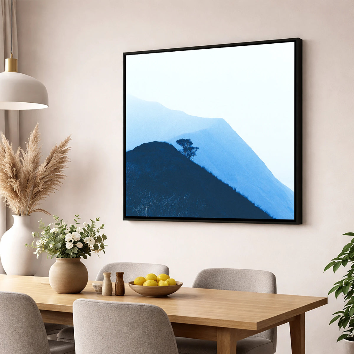 Lone Tree on Blue Ridge lake district fell wall art displayed in a dining room