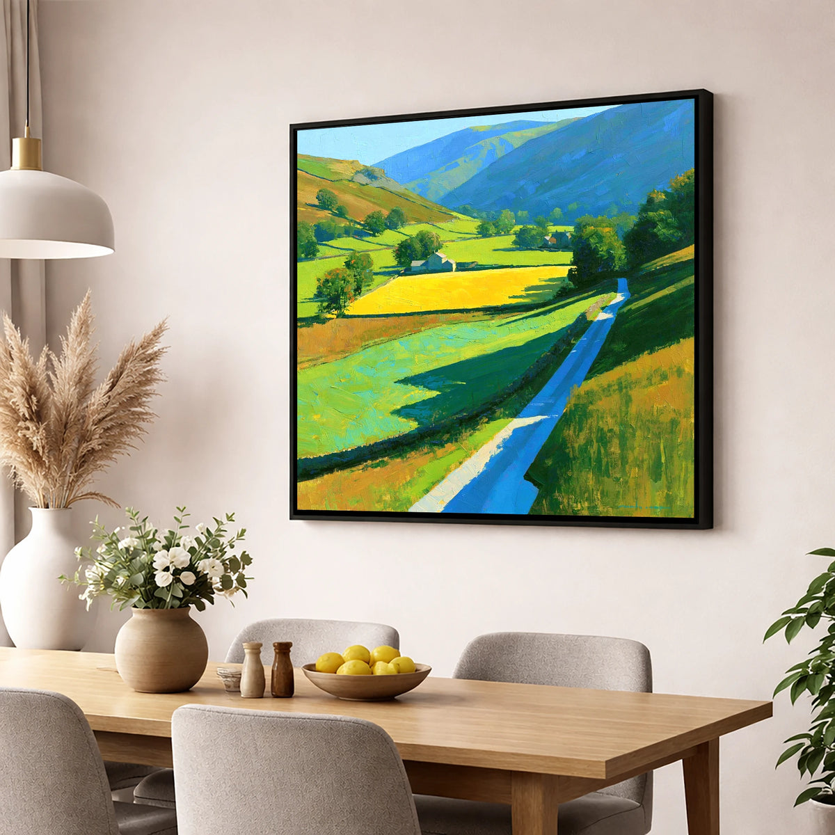 Vibrant Valley Below Blue Fells lake district valley wall art displayed in a dining room