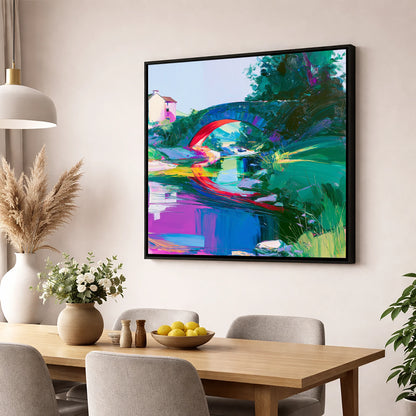 Vivid Stone Bridge Over Beck lake district waterfall wall art displayed in a dining room