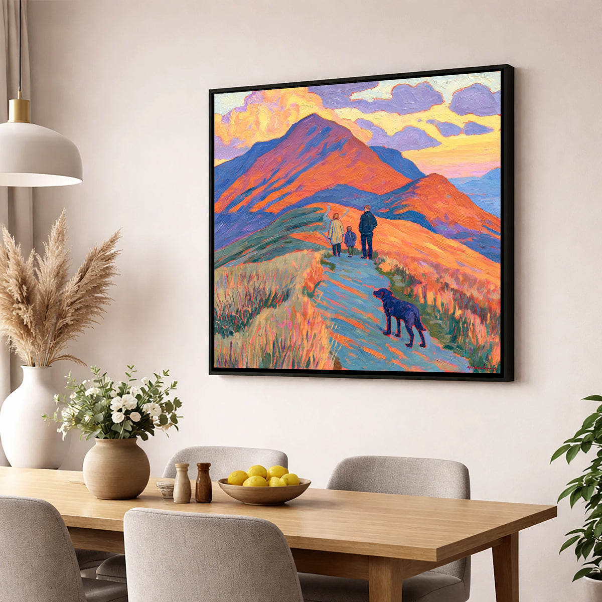 Colourful Cat Bells Dog Walk gifts for dog walkers wall art displayed in a dining room