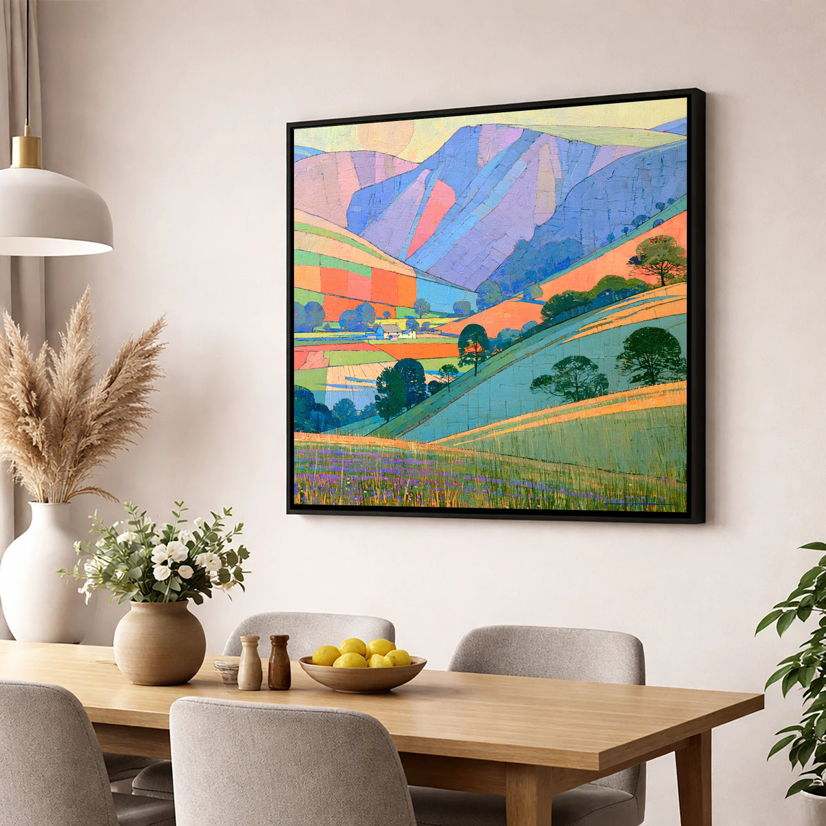 Vibrant Patchwork Fells at Evening lake district sky wall art displayed in a dining room