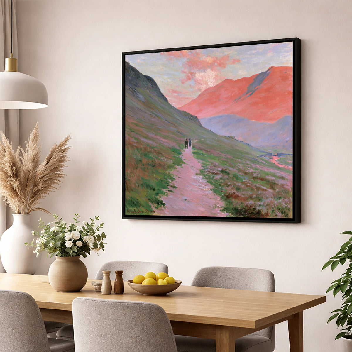 Fell Walkers in Pink Sunset lake district walking wall art displayed in a dining room