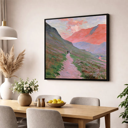 Fell Walkers in Pink Sunset lake district walking wall art displayed in a dining room