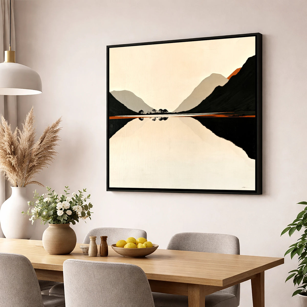 Minimalist Dawn Lake Silhouette lake district lake wall art displayed in a dining room