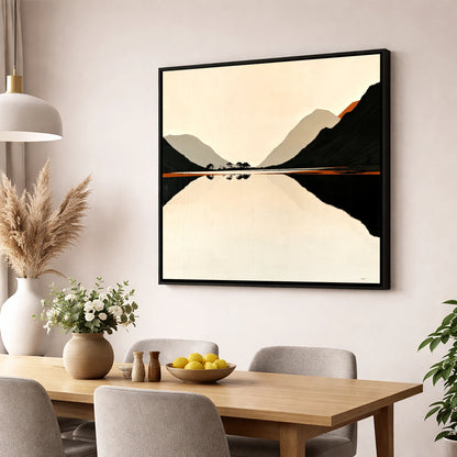 Minimalist Dawn Lake Silhouette lake district lake wall art displayed in a dining room