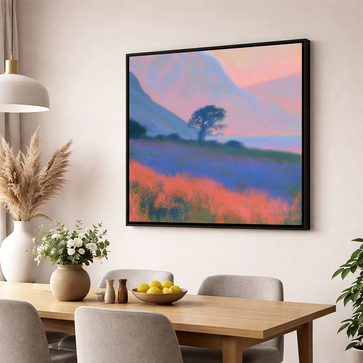 Pastel Dusk on the Fells lake district lake wall art displayed in a dining room