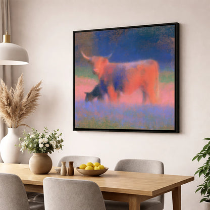 Highland Cattle in Twilight Haze lake district wildlife wall art displayed in a dining room