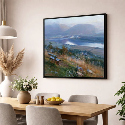 Elevated Bench Over Loweswater lake district lake wall art displayed in a dining room