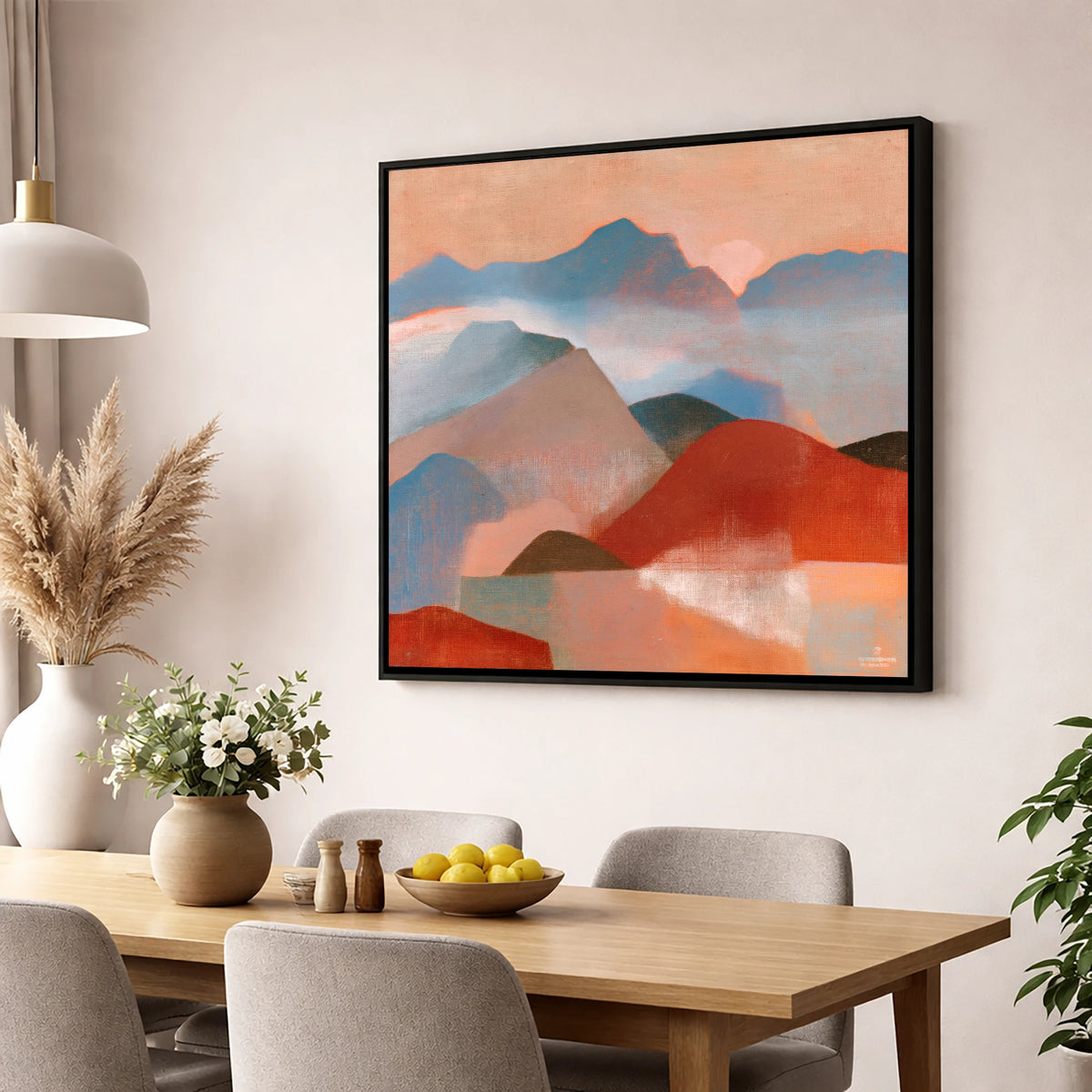 Terracotta and Blue Mountain Ridge lake district fell wall art displayed in a dining room