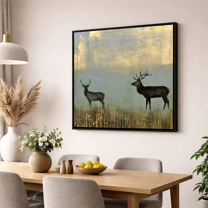 Red Deer in Slate and Gold lake district wildlife wall art displayed in a dining room