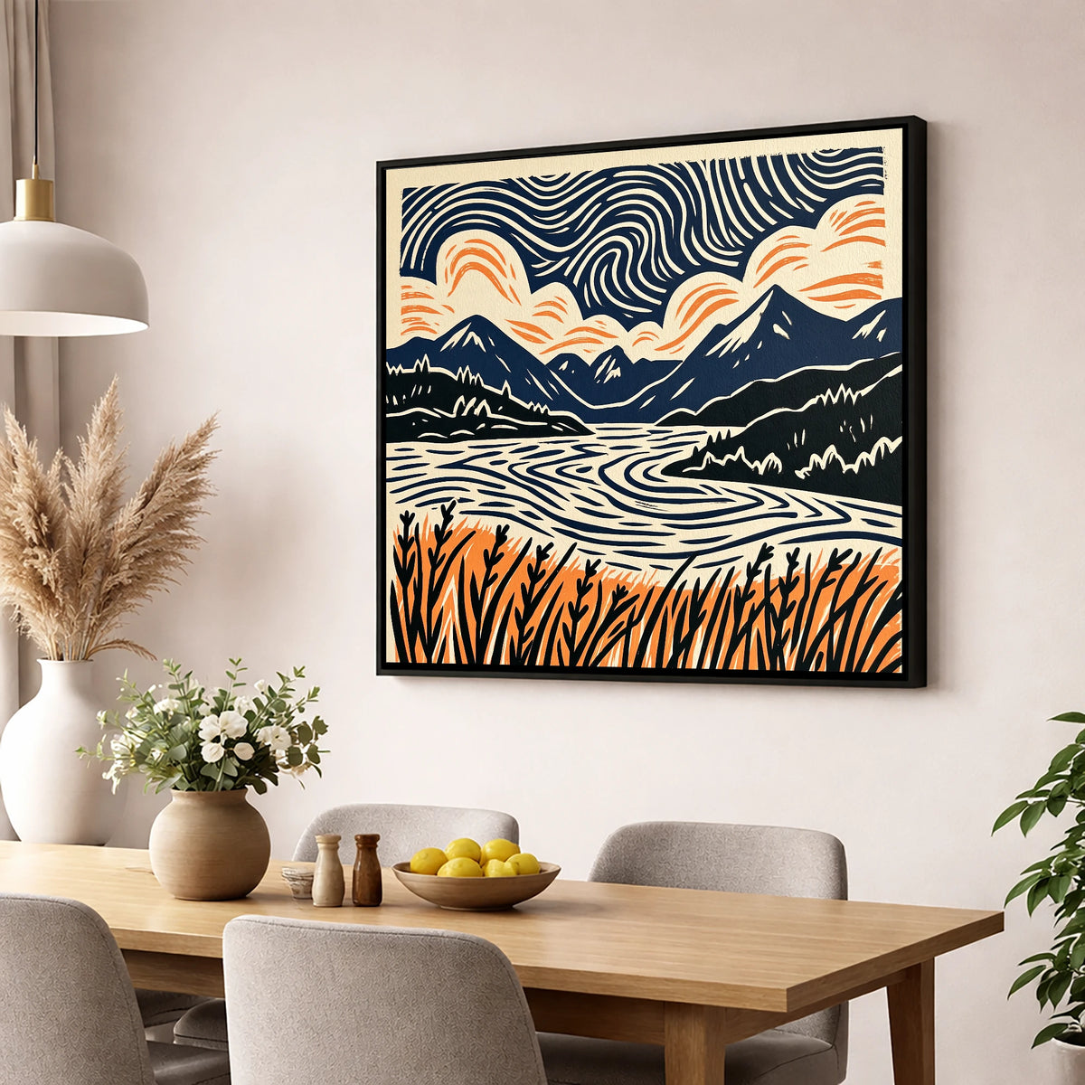 Coniston Water Under Swirling Skies lake district lake wall art displayed in a dining room