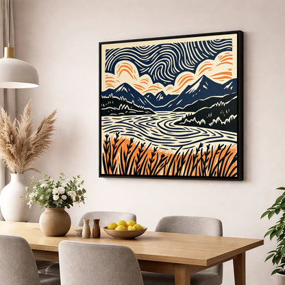 Coniston Water Under Swirling Skies lake district lake wall art displayed in a dining room