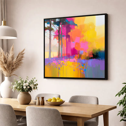 Vivid Bluebell Woods lake district wildflower wall art displayed in a dining room