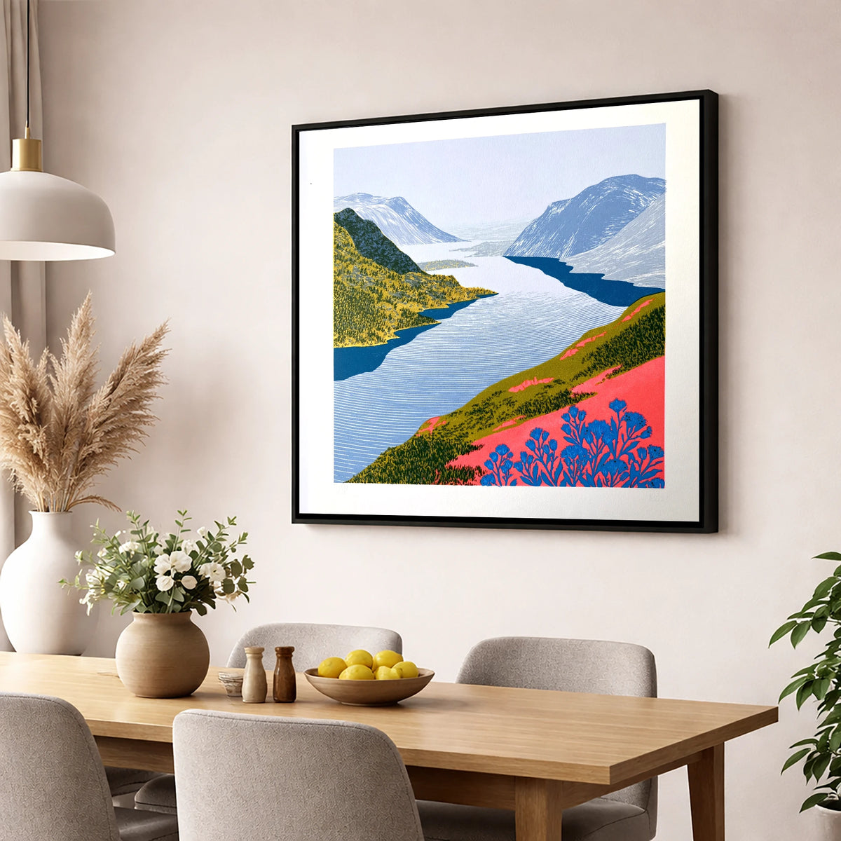Graphic Lake And Fells In Coral lake district lake wall art displayed in a dining room