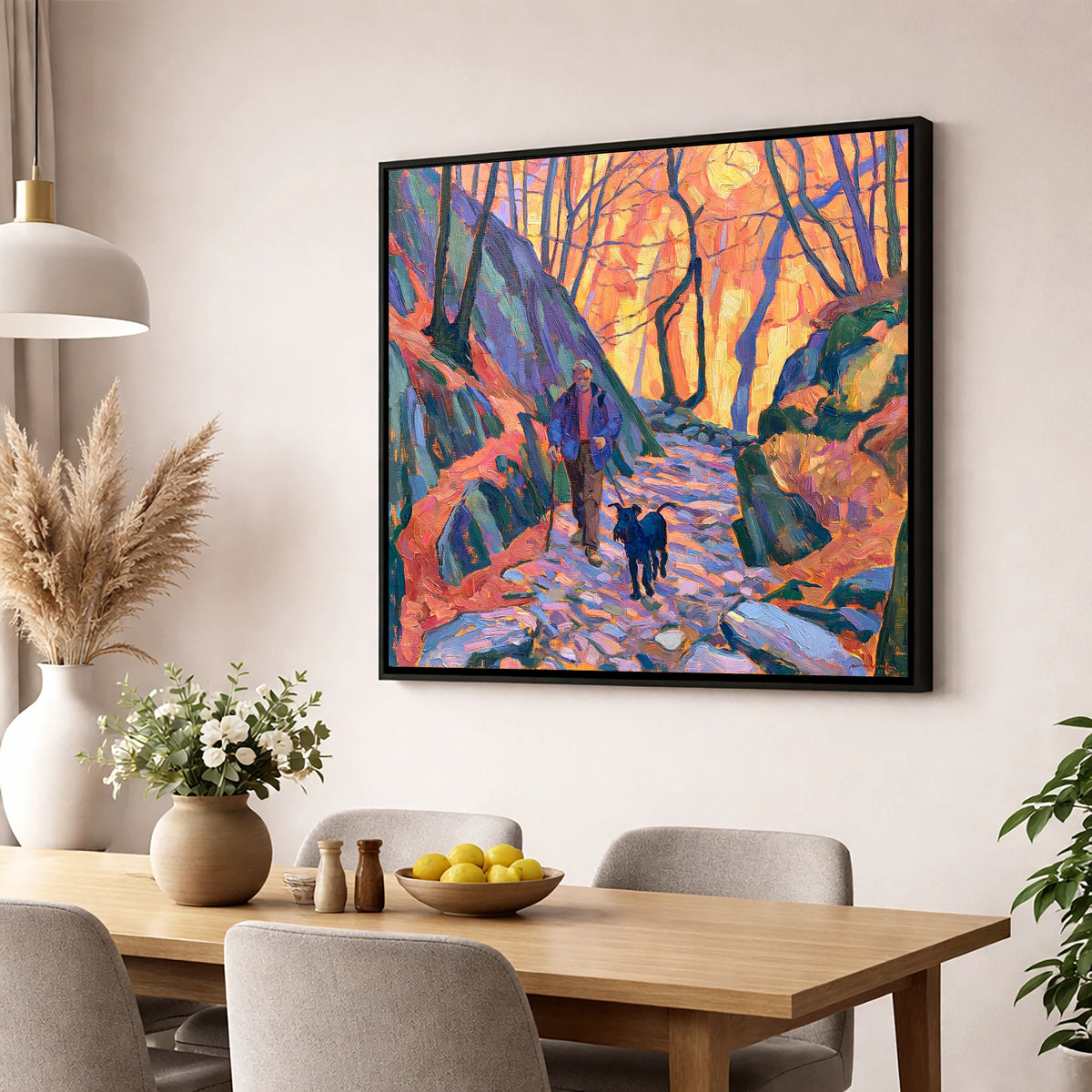 Vibrant Aira Force Dog Walk gifts for dog walkers wall art displayed in a dining room