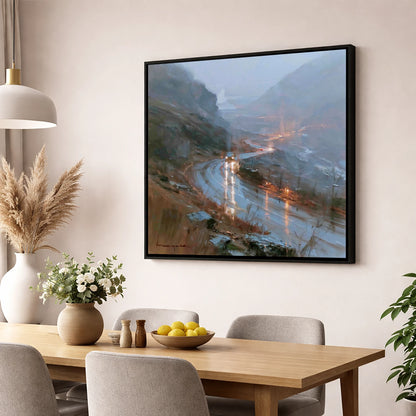 Rainy Mountain Pass at Dusk lake district valley wall art displayed in a dining room