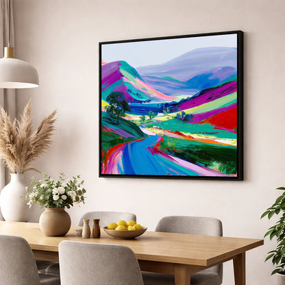 Vibrant Rolling Fells and Valley lake district fell wall art displayed in a dining room