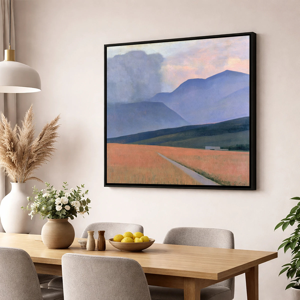 Storm Clouds Over Lavender Fells lake district sky wall art displayed in a dining room