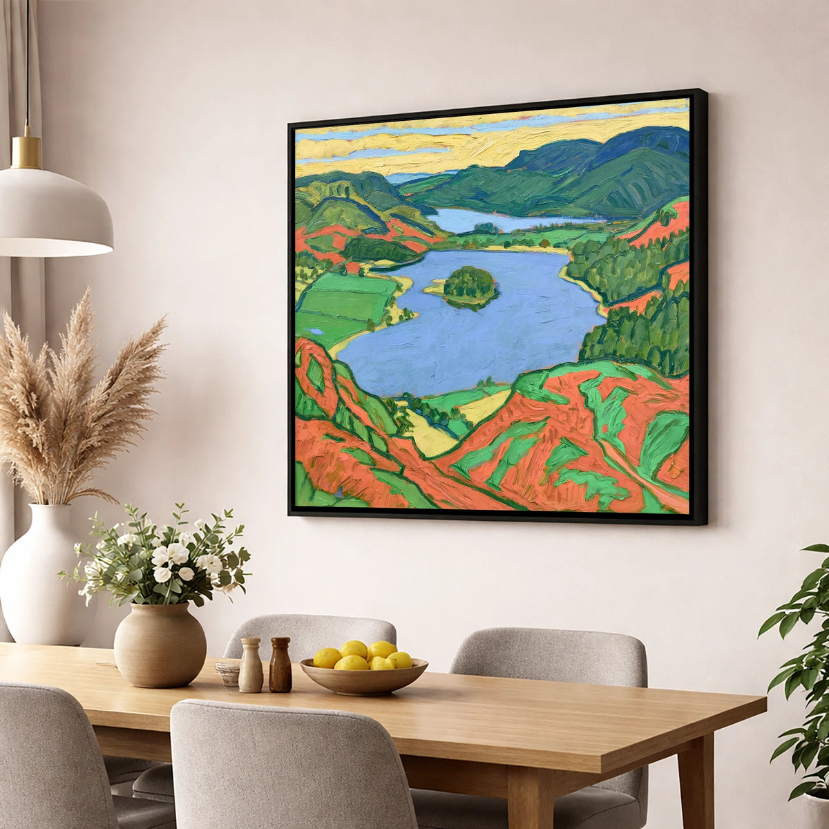 Vibrant Grasmere Over Red Bracken lake district lake wall art displayed in a dining room