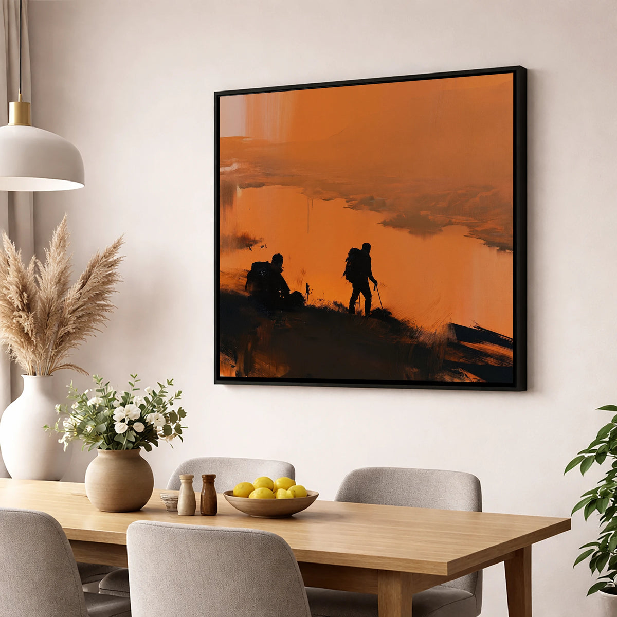 Catbells Walkers in Amber Light lake district fell wall art displayed in a dining room